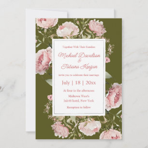  watercolor pink green floral bloom wedding  invitation