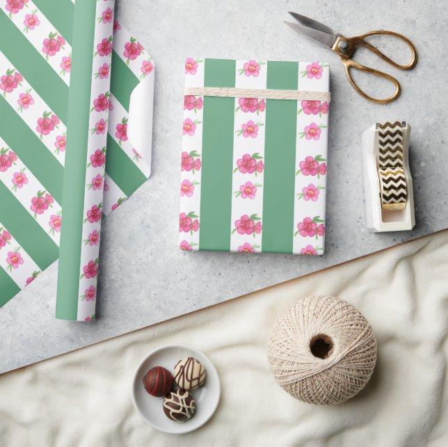 Watercolor Pink & Green Flowers and Stripes Wrapping Paper (Crafts)