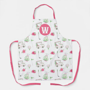 Watercolor Pink & Green Golf Cart Monogram Apron