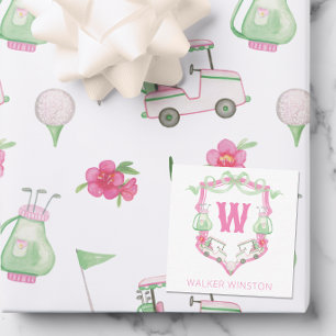 Watercolor Pink & Green Golf Cart Monogram Crest Card