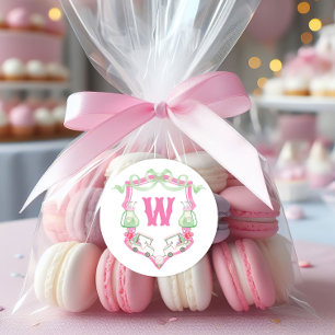 Watercolor Pink & Green Golf Cart Monogram Crest Classic Round Sticker