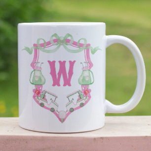 Watercolor Pink & Green Golf Cart Monogram Crest Coffee Mug