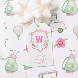Watercolor Pink & Green Golf Cart Monogram Crest Gift Tags