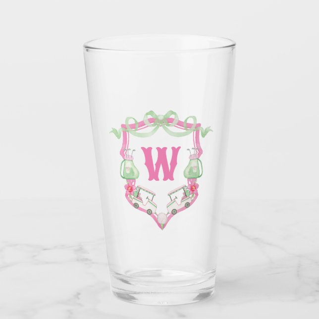 Watercolor Pink & Green Golf Cart Monogram Crest Glass (Front)