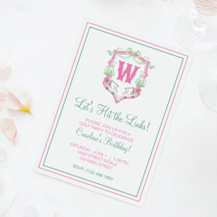 Watercolor Pink & Green Golf Cart Monogram Crest Invitation