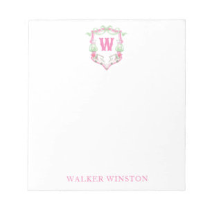 Watercolor Pink & Green Golf Cart Monogram Crest Notepad