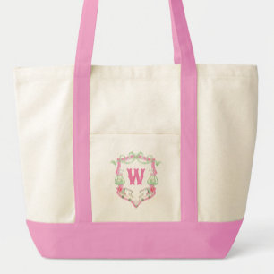 Watercolor Pink & Green Golf Cart Monogram Crest Tote Bag