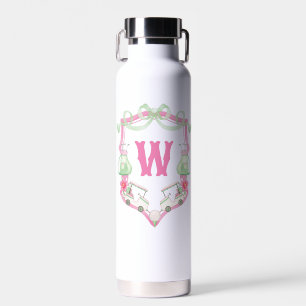 Watercolor Pink & Green Golf Cart Monogram Crest Water Bottle