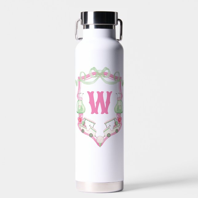 Watercolor Pink & Green Golf Cart Monogram Crest Water Bottle (Front)