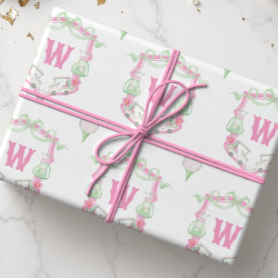 Watercolor Pink & Green Golf Cart Monogram Crest Wrapping Paper