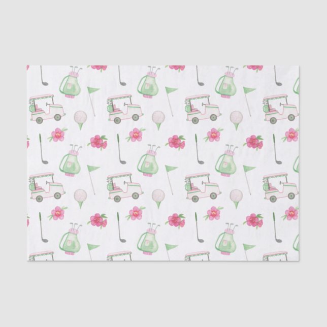 Watercolor Pink & Green Golf Cart Tissue Paper (Front)