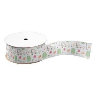 Watercolor Pink & Green Golf Cart Tournament Grosgrain Ribbon