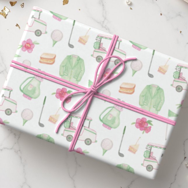 Watercolor Pink & Green Golf Cart Tournament Wrapping Paper (Creator Uploaded)