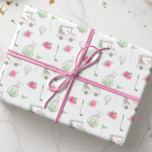 Watercolor Pink & Green Golf Cart Wrapping Paper