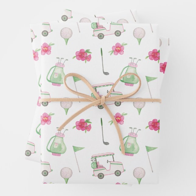 Watercolor Pink & Green Golf Cart Wrapping Paper Sheet (In situ)