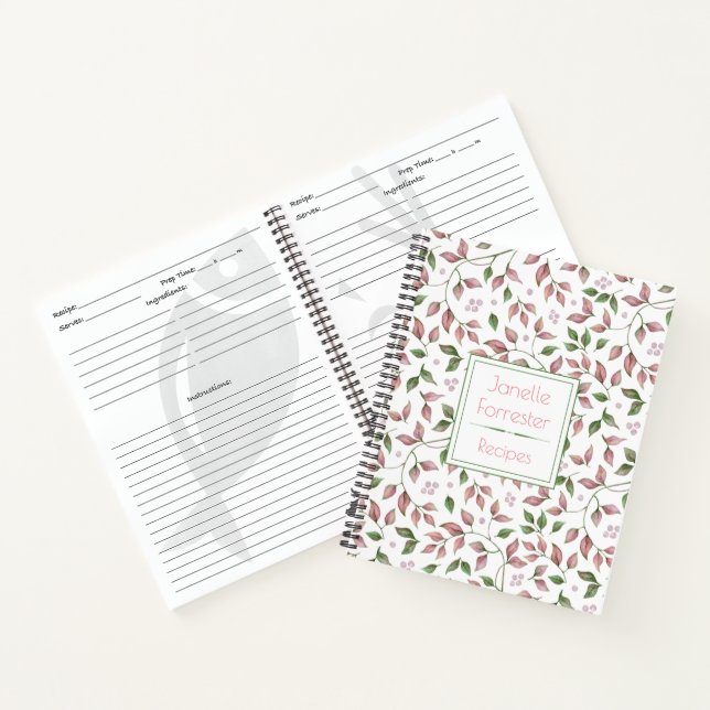 Watercolor Pink Green Leaves Monogrammed Notebook (Inside)