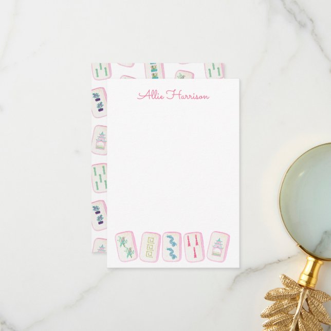 Watercolor Pink & Green Mahjong Tiles Personalised Thank You Card (Front/Back In Situ)
