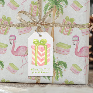 Watercolor Pink & Green Present Christmas Gift Tags