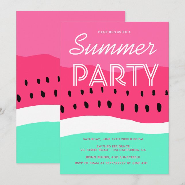 Watercolor pink green watermelon summer party invitation (Front/Back)