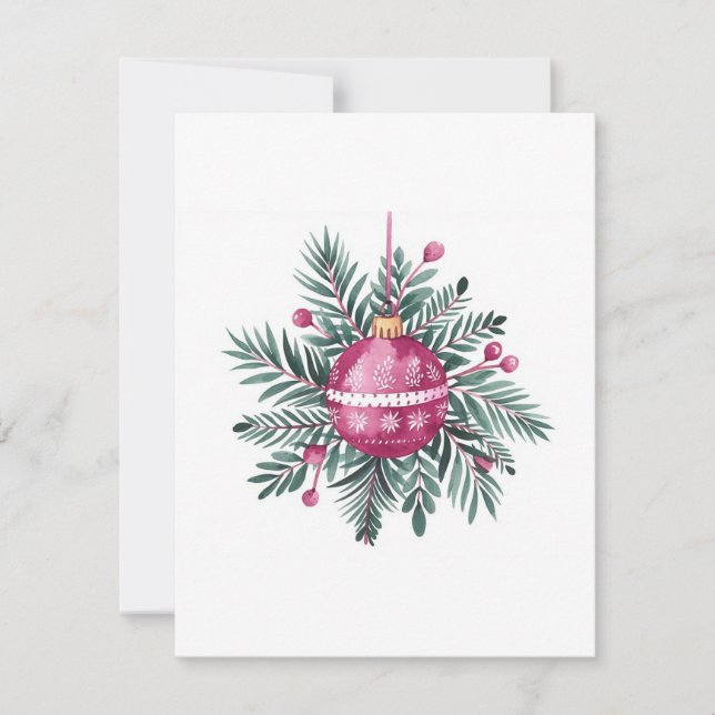 Watercolor Pink Greenery Bauble Christmas Holiday Card (Front)