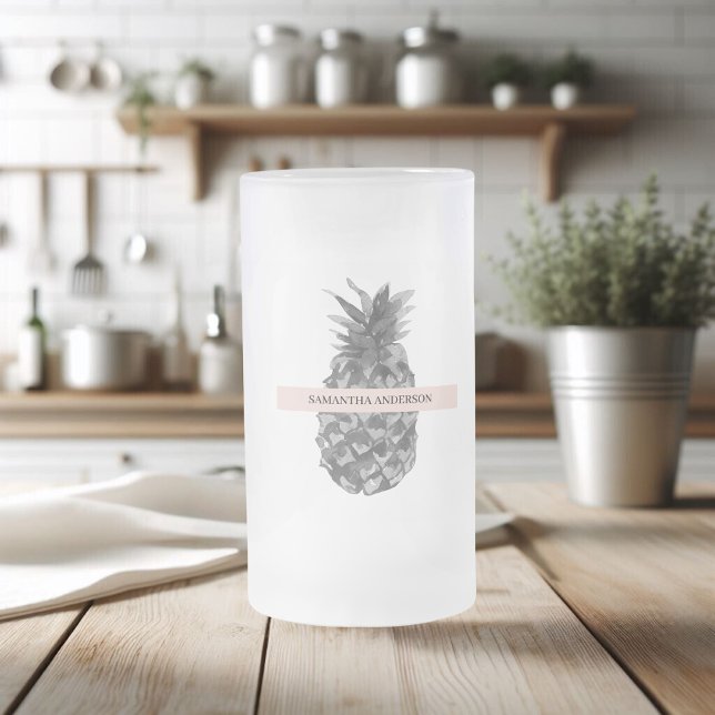 Watercolor Pink & Grey Pineapple | Your  Name Frosted Glass Beer Mug (Creator Uploaded)