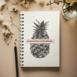 Watercolor Pink & Grey Pineapple   Your  Name Notebook