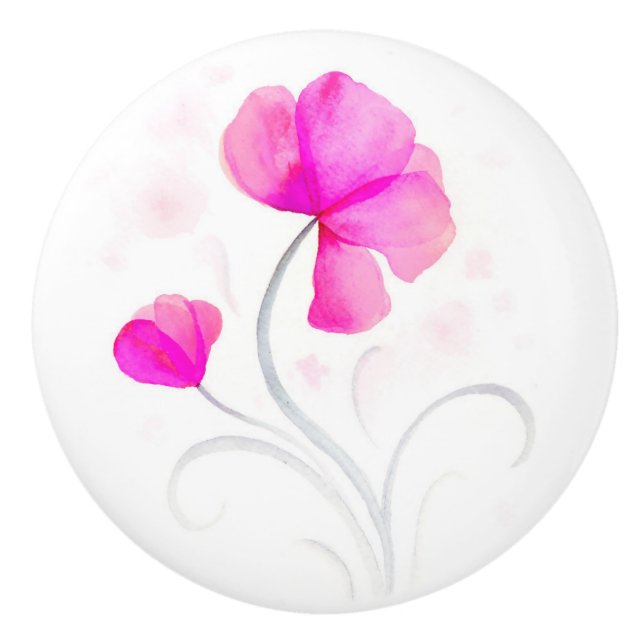 Watercolor pink grey wildflower art doorknob ceramic knob (Front)