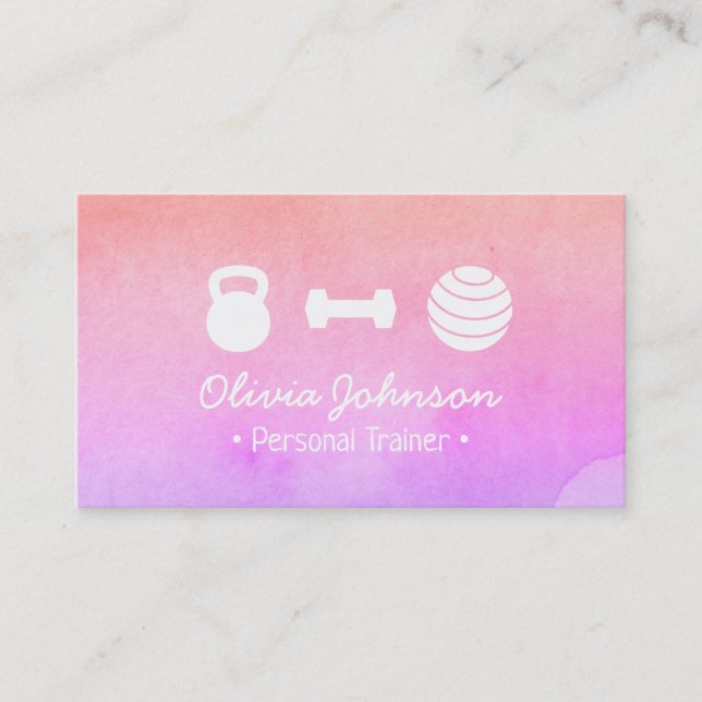 Watercolor Pink Health Fitness Personal Trainer Business Card (Front)