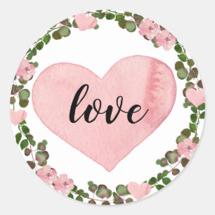 Watercolor Pink Heart and Eucalyptus Greenery Love Classic Round Sticker
