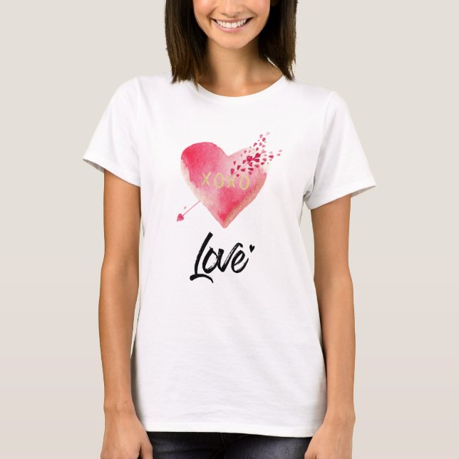 *~* Watercolor Pink Heart & Arrow Women White T-Shirt (Front)