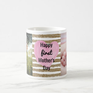 Watercolor Pink Heart Gold Photo 1st Mother's Day Coffee Mug