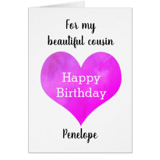 Watercolor Pink Heart Happy Birthday Cousin