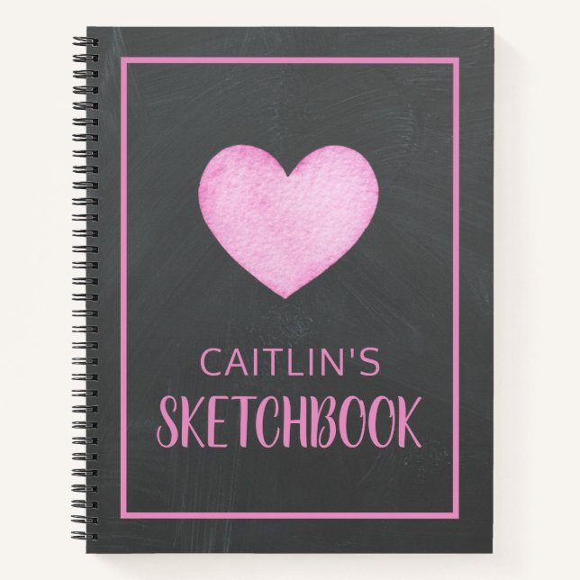 Watercolor Pink Heart Personalised Sketchbook Notebook (Front)