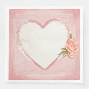 Watercolor Pink Heart & Rose Napkin