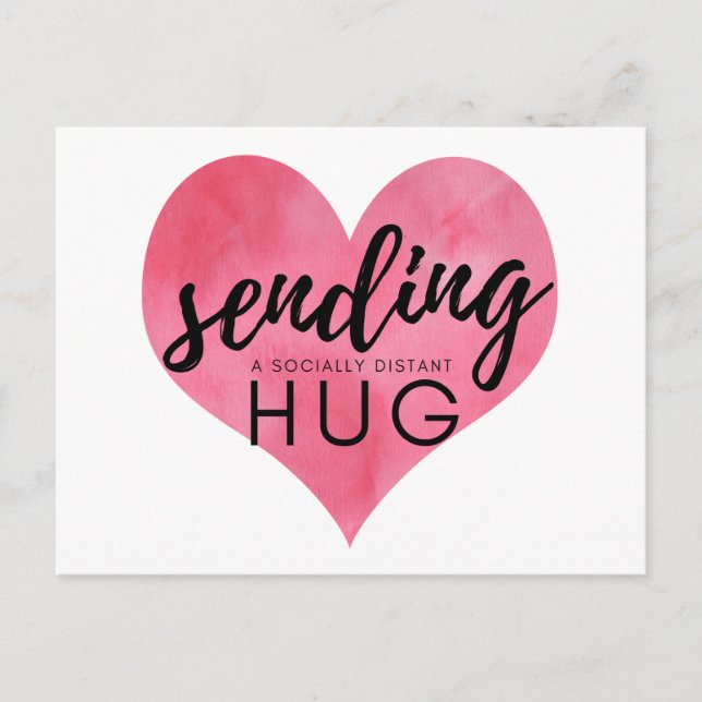 Watercolor Pink Heart Social Distancing Hug Postcard (Front)