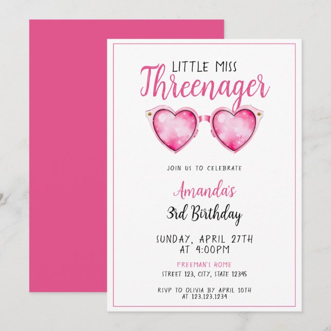 Watercolor Pink Heart Sunglasses 3rd Birthday Invitation (Front/Back)
