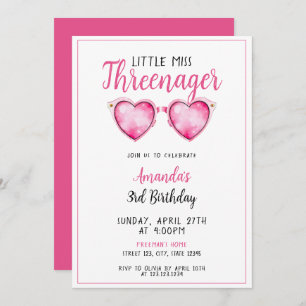 Watercolor Pink Heart Sunglasses 3rd Birthday Invitation
