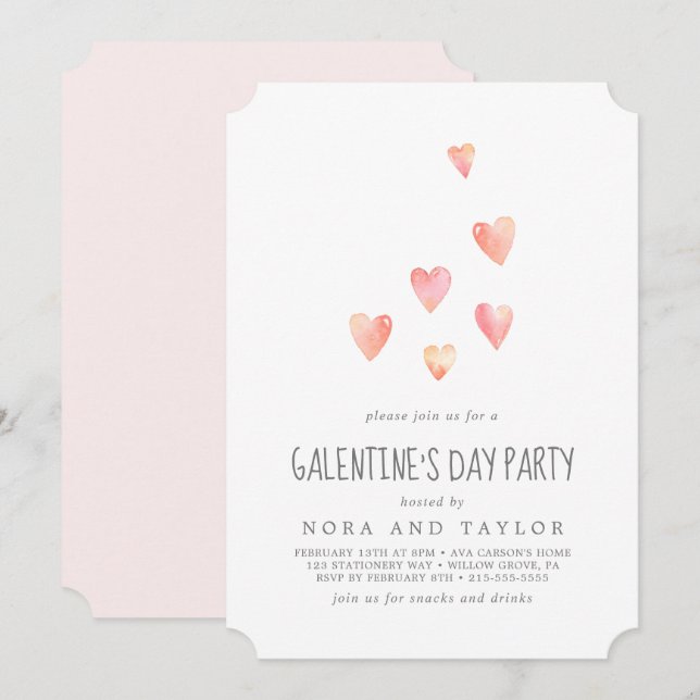 Watercolor Pink Hearts Galentine's Day Party Invitation (Front/Back)