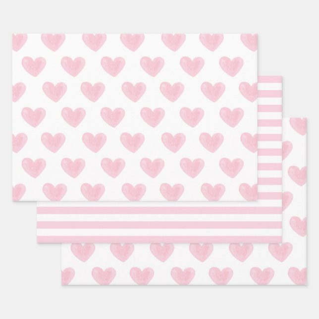 Watercolor pink hearts. Love. Blush Valentines Wrapping Paper Sheet (Set)