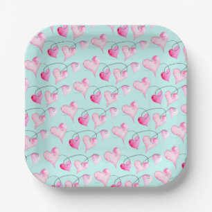 Watercolor Pink Hearts Paper Plate