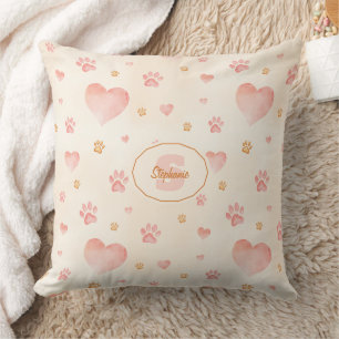 Watercolor Pink Hearts & Paw Prints Pattern Cushion