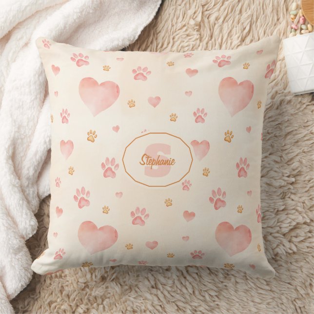 Watercolor Pink Hearts & Paw Prints Pattern Cushion (Blanket)