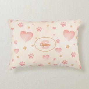 Watercolor Pink Hearts & Paw Prints Pattern Decorative Cushion