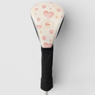 Watercolor Pink Hearts & Paw Prints Pattern Golf Head Cover