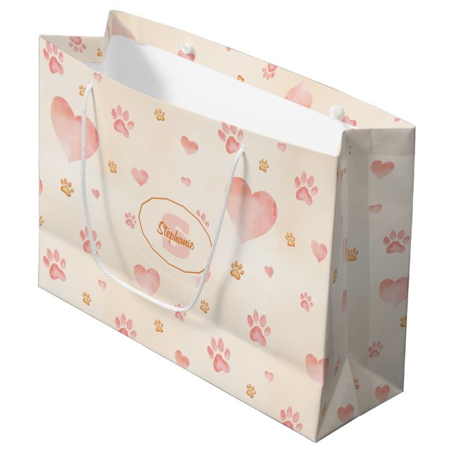 Watercolor Pink Hearts & Paw Prints Pattern Large Gift Bag (Front Angled)