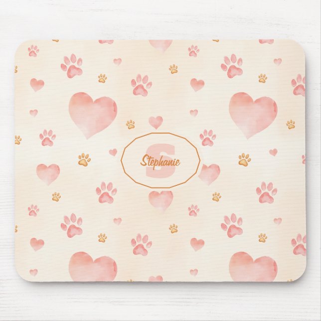 Watercolor Pink Hearts & Paw Prints Pattern Mouse Mat (Front)