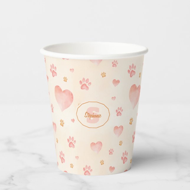 Watercolor Pink Hearts & Paw Prints Pattern Paper Cups (Front)