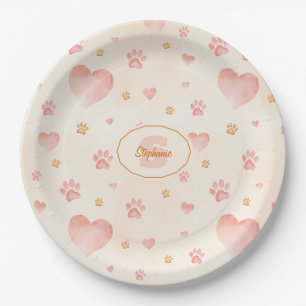 Watercolor Pink Hearts & Paw Prints Pattern Paper Plate