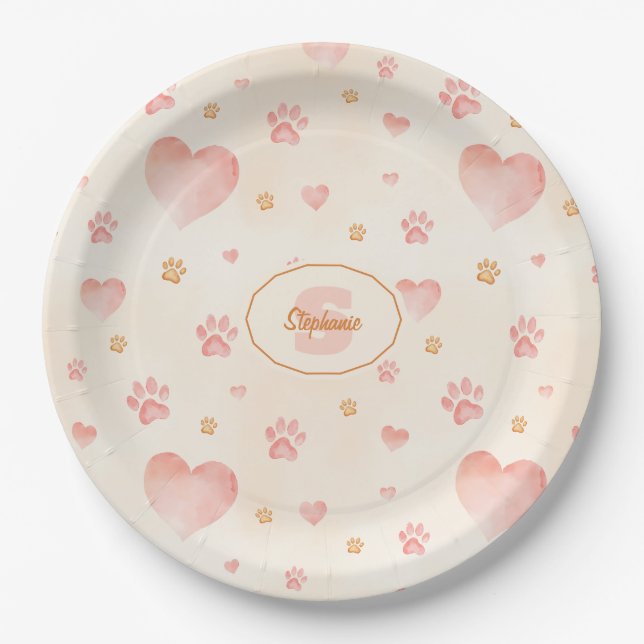 Watercolor Pink Hearts & Paw Prints Pattern Paper Plate (Front)
