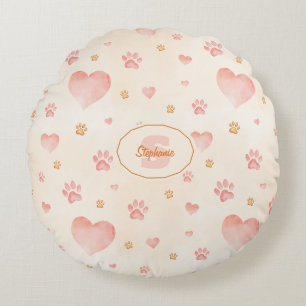 Watercolor Pink Hearts & Paw Prints Pattern Round Cushion
